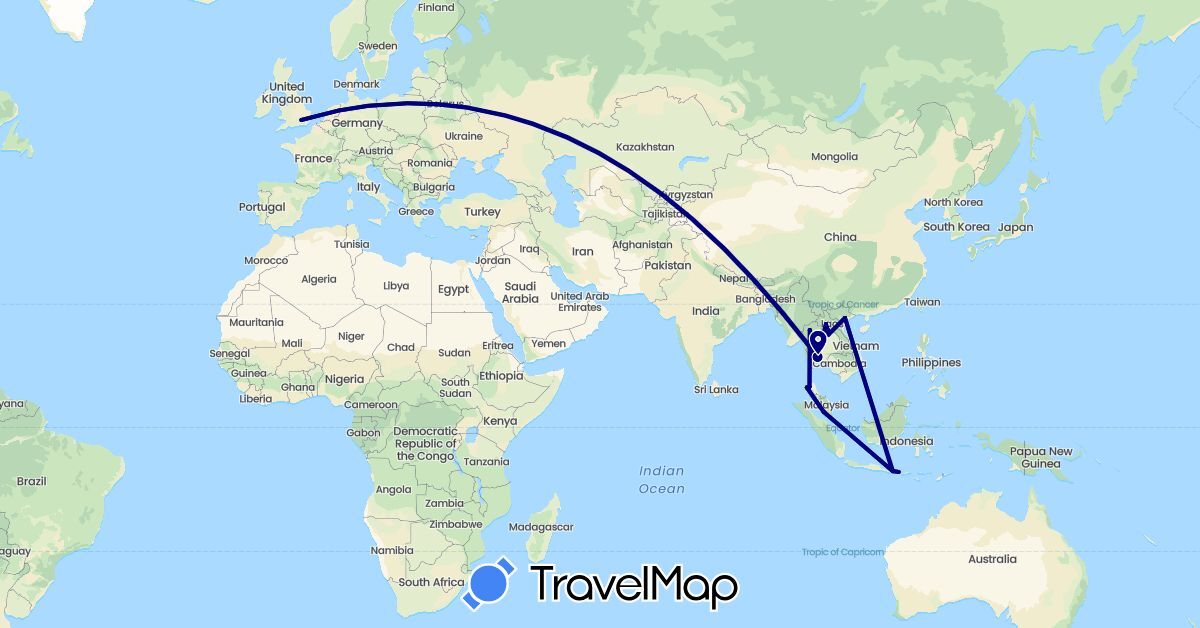 TravelMap itinerary: driving in United Kingdom, Indonesia, Malaysia, Thailand (Asia, Europe)